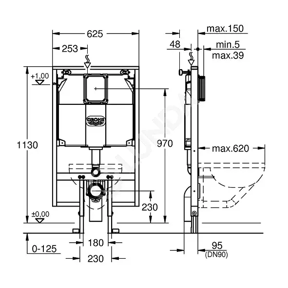Инсталляция Rapid SL для подвесного унитаза со смывным бачком 80 мм, 1,13 м, Grohe
