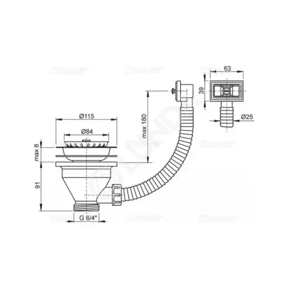 Донный клапан сифона для мойки 6/4" с нержавеющей peшeткой DN115, ALCA