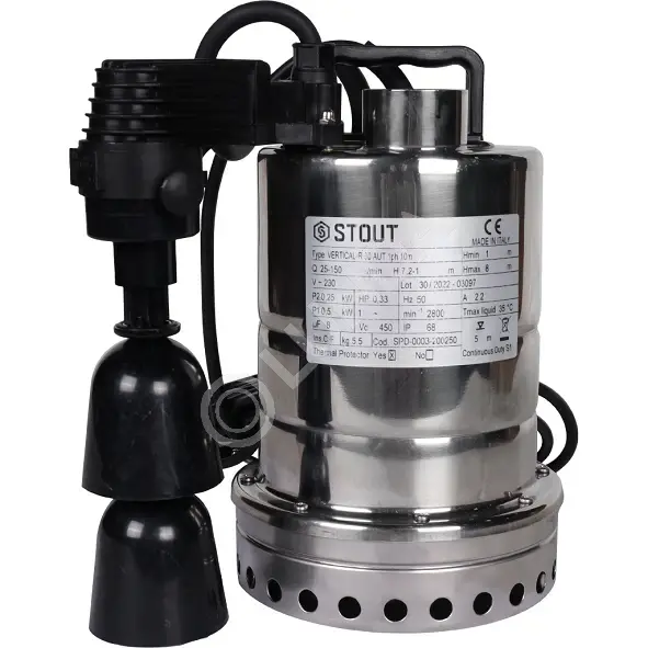 Насос дренажный 1 1/4", 0,5 кВт, 230 В, с вертикальным поплавком, корпус нержавеющая сталь, STOUT SPD-0003-200250