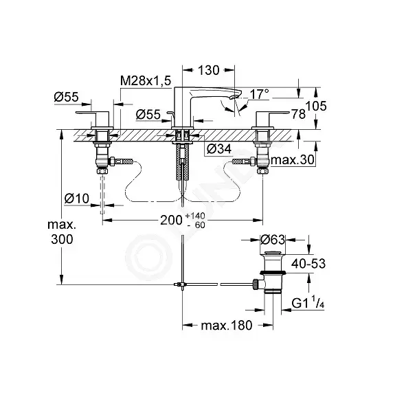 Смеситель для раковины Eurostyle Cosmopolitan на 3 отверстия с донным клапаном, Grohe