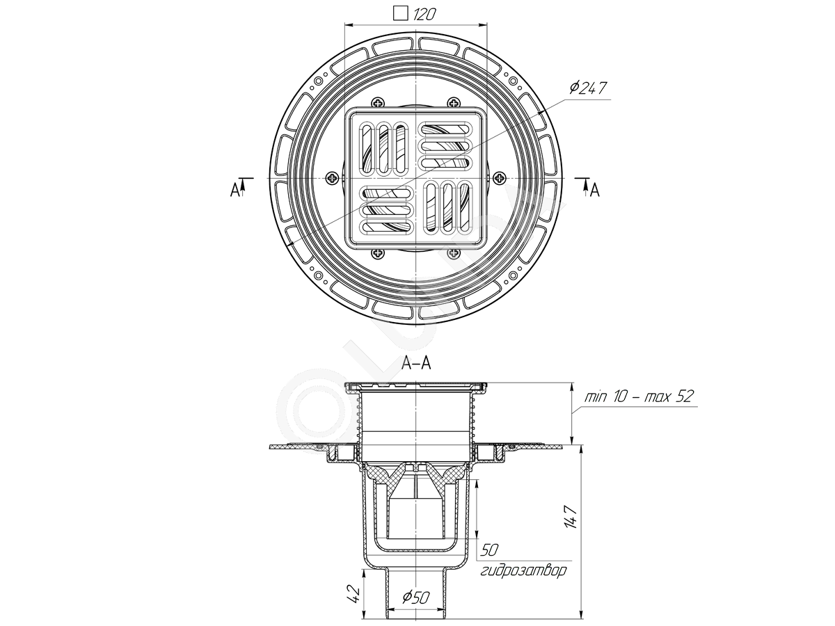 Трап вертикальный регулируемый, выпуск 50 мм с решеткой и обрешеткой из нержавеющей стали, АНИ Пласт